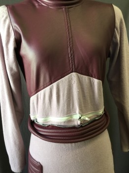 Womens, Sci-Fi/Fantasy Jumpsuit, MTO, Red Burgundy, Lavender Purple, Synthetic, Vinyl, Color Blocking, 26w, 34b, 60g, Science Funky! Tubular Quilted Turtleneck and Attached Belt, Back Zipper, Long Sleeves with Wrist Zippers, Pant Stirrups, Quilted Side Panels, Top Unzips From Bottom Completely, Hidden By Belt, for Campy Crew-mate See Fc045766