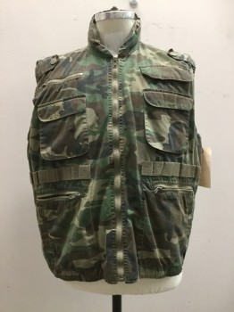 ROTHCO, Beige, Brown, Green, Black, Cotton, Polyester, Camouflage, Camo Print, Zip Front, 6 Pockets, Epaulets, Zip Neck with Hood Inside