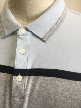 MICHAEL KORS, Lt Blue, Navy Blue, Heather Gray, Cotton, Stripes - Horizontal , Light Blue Solid with Navy and Heathered Gray Stripes Across Chest, Gray Stripes on Collar, Jersey, Short Sleeves, Collar Attached, 3 Button Front