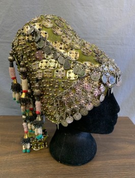 Unisex, Sci-Fi/Fantasy Hat, MTO, Silver, Lime Green, Multi-color, Metallic/Metal, Beaded, Tapered Cylindrical Shape with Flat Crown, Silver Rounded Rectangular Plates Over Green Mesh, Hanging Colorful Beads, Silver Dangling Chains, Made To Order Fantasy