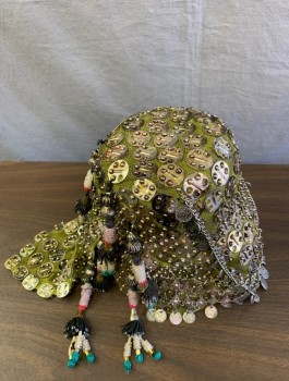 Unisex, Sci-Fi/Fantasy Hat, MTO, Silver, Lime Green, Multi-color, Metallic/Metal, Beaded, Tapered Cylindrical Shape with Flat Crown, Silver Rounded Rectangular Plates Over Green Mesh, Hanging Colorful Beads, Silver Dangling Chains, Made To Order Fantasy