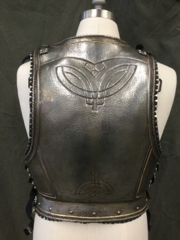 Mens, Historical Fict. Breastplate , MTO, Silver, Navy Blue, Rubber, Leather, 40, SUIT of ARMOR: Breastplate/Cuirass: Silver Rubber Aged to Look Like Metal, Molded Frame,  Leather Trim with Silver Triangle Metal Detail,  Gold Embossed Detail, Faux Rivets, Gold Lion Crest Front,Front and Back Plates, Leather Buckle Straps at Shoulder and Sides, Velcro Side Closures