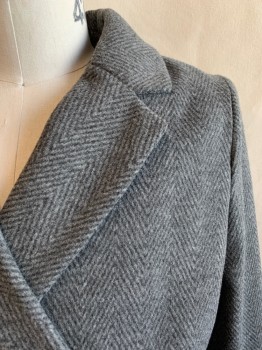 H&M, Dk Gray, Gray, Polyester, Viscose, Herringbone, Collar Attached, Notched Lapel, Snap Closure, 2 Pockets, Matching Belt