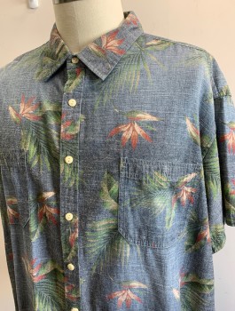FOUNDRY, Denim Blue, Multi-color, Cotton, Hawaiian Print, Tropical , Denim Look with Shades of Green and Red Flowers/Palm Leaves, Short Sleeve Button Front, Collar Attached, 2 Patch Pockets