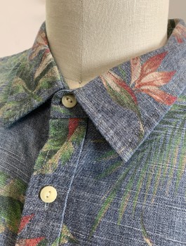 FOUNDRY, Denim Blue, Multi-color, Cotton, Hawaiian Print, Tropical , Denim Look with Shades of Green and Red Flowers/Palm Leaves, Short Sleeve Button Front, Collar Attached, 2 Patch Pockets