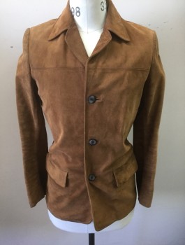N/L, Caramel Brown, Suede, Solid, 3 Buttons, Notched Collar, 2 Flap Pockets at Hips, Caramel Lining