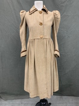 Childrens, Coat 1890s-1910s, Tan Brown, Brown, Lt Blue, Wool, Herringbone, W 31, Ch 32, 3 Buttons Front, Collar Attached, Brown Velvet Trim, Gathered Skirt, Gathered Poofy Inset Sleeve, Rolled Back Cuff with Brown Velvet Trim, Light Brown Velvet Back Waist Tie,