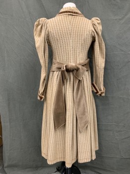 Childrens, Coat 1890s-1910s, Tan Brown, Brown, Lt Blue, Wool, Herringbone, W 31, Ch 32, 3 Buttons Front, Collar Attached, Brown Velvet Trim, Gathered Skirt, Gathered Poofy Inset Sleeve, Rolled Back Cuff with Brown Velvet Trim, Light Brown Velvet Back Waist Tie,