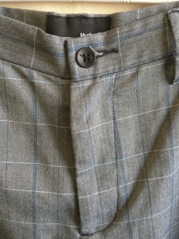 HURLEY, Heather Gray, Teal Blue, Baby Blue, Cream, Cotton, Polyester, Herringbone, Plaid-  Windowpane, 1.5" Waistband with Belt Hoops, Flat Front, Zip Front, 5 Pockets