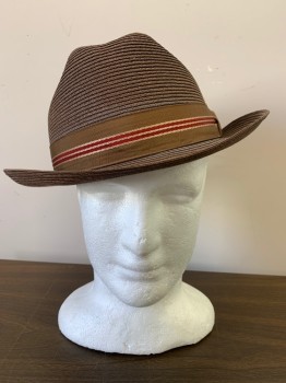 Mens, Homburg, PINZANNO HOLLYWOOD , Dusty Brown, Red, Straw, 7 5/8, Brow and Red Stripes Grosgrain Hat Band