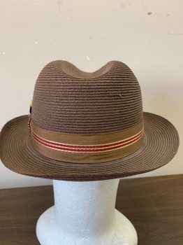 Mens, Homburg, PINZANNO HOLLYWOOD , Dusty Brown, Red, Straw, 7 5/8, Brow and Red Stripes Grosgrain Hat Band