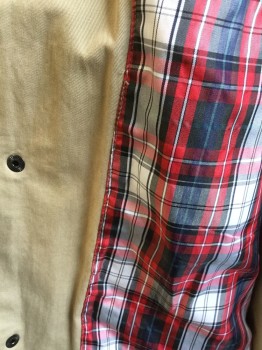 SHADES OF GRAY, Khaki Brown, White, Red, Black, Gray, Cotton, Solid, Plaid, 3/4 Length, Collar Attached, Single Breasted, Hidden Snap & Zip Front, 2 Slant Pockets, Long Sleeves with Short Belt & Snap at Cuffs, Red/white/black/gray Plaid Lining, 1 Split Back Center Hem
