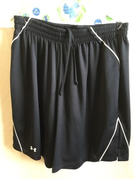 UNDER ARMOUR, Black, White, Polyester, Solid, 1.5" Black D-string & Elastic Waistband, Black Perforated with Diagonal  White Piping Trim