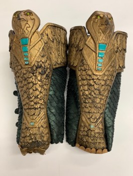 Unisex, Historical Fiction Greaves, N/L MTO, Gold, Dk Teal, Turquoise Blue, Leather, Fiberglass, Fish Scales, Novelty Pattern, Metallic Dark Green Leather in Scallopped Scales Pattern, Large Gold Eagle with Peridot Jewelled Eyes, Embossed Feathers/Wings, Snap Closures, Made To Order Historical Fantasy