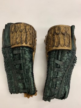 Unisex, Historical Fiction Greaves, N/L MTO, Gold, Dk Teal, Turquoise Blue, Leather, Fiberglass, Fish Scales, Novelty Pattern, Metallic Dark Green Leather in Scallopped Scales Pattern, Large Gold Eagle with Peridot Jewelled Eyes, Embossed Feathers/Wings, Snap Closures, Made To Order Historical Fantasy