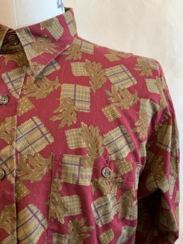 Mens, Casual Shirt, CHAPS RALPH LAUREN, Dk Red, Tan Brown, Lt Brown, Purple, Cotton, Leaves/Vines , Squares, 17/35, Collar Attached, Button Front, Long Sleeves, 1 Pocket, Burgundy Background, Light Brown Leaves with Plaid Squares