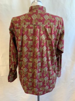 CHAPS RALPH LAUREN, Dk Red, Tan Brown, Lt Brown, Purple, Cotton, Leaves/Vines , Squares, Collar Attached, Button Front, Long Sleeves, 1 Pocket, Burgundy Background, Light Brown Leaves with Plaid Squares