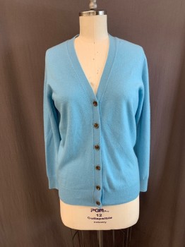 Womens, Sweater, J. CREW, Sky Blue, Wool, Nylon, Solid, M, V-neck, 6 Brown Buttons Down Front