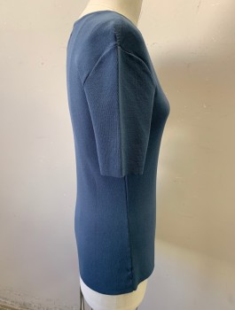 Womens, Top, TAHARI, Slate Blue, Rayon, Nylon, Solid, S, Wide Crew Neck, Ribbed, Short Sleeves, Spandex Fabric