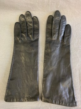 Womens, Leather Gloves, N/L, Black, Leather, Solid, Small, Plain, Silk Knit Lining, Middle of Forearm