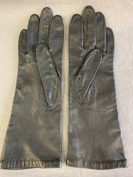 Womens, Leather Gloves, N/L, Black, Leather, Solid, Small, Plain, Silk Knit Lining, Middle of Forearm