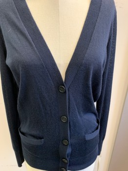 Womens, Sweater, LOFT, Navy Blue, Acrylic, Polyester, Solid, M, 2 Pockets, Button Front,