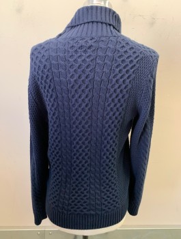 J CREW, Navy Blue, Cotton, Cable Knit, L/S, Shawl Collar, 5 Light Brown Buttons, 2 Patch Pockets