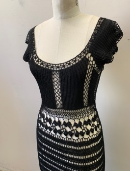 Womens, Dress, Short Sleeve, ANTHROPOLOGIE, Black, Synthetic, Solid, M, See Through Crochet Lace, Cap Sleeves, Scoop Neck, Fitted, Midi Length