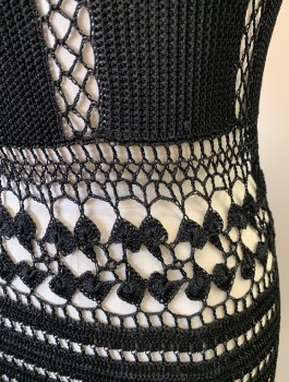 Womens, Dress, Short Sleeve, ANTHROPOLOGIE, Black, Synthetic, Solid, M, See Through Crochet Lace, Cap Sleeves, Scoop Neck, Fitted, Midi Length