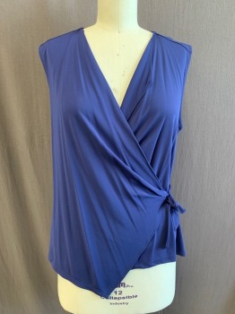 ANN TAYLOR, Navy Blue, Rayon, Polyester, Solid, Draped Cross Over Front Shirt with Self Tie, Sleeveless