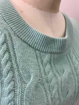 J CREW, Mint Green, Cashmere, Cable Knit, 3/4 Sleeves, Bateau Neck