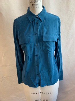 EQUIPMENT, Teal Blue, Silk, Solid, Collar Attached, Button Front, Long Sleeves, 2 Pockets, Box Pleat Back
