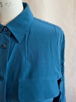 EQUIPMENT, Teal Blue, Silk, Solid, Collar Attached, Button Front, Long Sleeves, 2 Pockets, Box Pleat Back