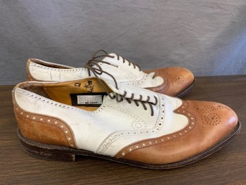 Mens, Shoes, SWENY'S, Tan Brown, Off White, Leather, 10, Wingtip, Spectators,
