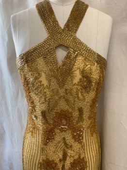 NO LABEL, Gold, Silk, Halter Neckline with Hook & Eye Closure at Back,Triangle Cut Out at Center Chest, 4 Beaded Straps Over Back, Floral Beaded Pattern, Beaded Vertical Stripes, Completely Beaded Straps,  Zip Back, Floor Length
