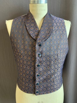 Mens, Historical Fiction Vest, NL, Black, Navy Blue, Gold, Red, Silk, Jacquard, 40, Shawl Lapel, Single Breasted, Button Front, 6 Buttons, Navy Buttons with Gold Border
