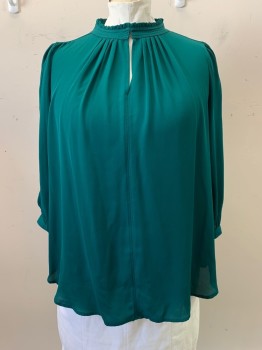 WORTHINGTON, Emerald Green, Polyester, Solid, Round Neck, L/S, Hook & Eyes at Center of Neck, Ruffle Trim at Neck
