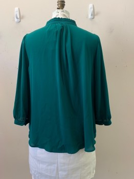 WORTHINGTON, Emerald Green, Polyester, Solid, Round Neck, L/S, Hook & Eyes at Center of Neck, Ruffle Trim at Neck