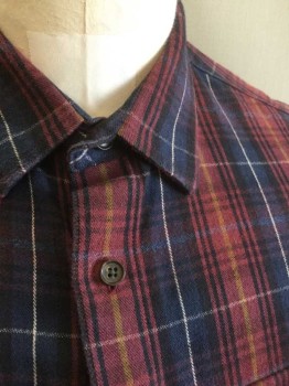 VINCE, Red Burgundy, Navy Blue, Mustard Yellow, White, Cotton, Plaid, Plaid-  Windowpane, Flannel, Long Sleeve Button Front, Collar Attached, 2 Pockets