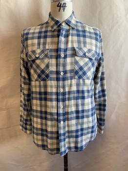 RR RALPH LAUREN, Blue, White, Lt Yellow, Cotton, Plaid, Collar Attached, Button Front, Long Sleeves, 2 Chest Pockets