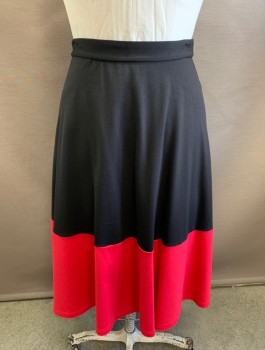 ELOQUII, Black, Red, Rayon, Nylon, Color Blocking, Solid, Jersey, Contrasting Red Panel at Hem, A-Line, 1.5" Wide Self Waistband, Invisible Zipper in Back