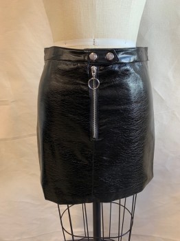 Womens, Skirt, Mini, H&M, Black, Viscose, Polyurethane, Solid, 2, 2 Snap Closures, Half Zip Front with Silver Ring Zipper