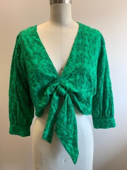 ZARA, Green, Cotton, Textured Fabric, L/S, V Neck, Front Tie, Cropped,