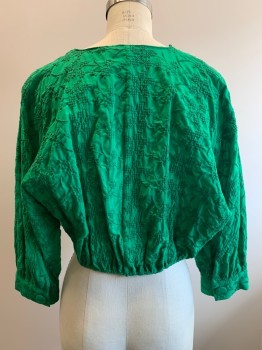 ZARA, Green, Cotton, Textured Fabric, L/S, V Neck, Front Tie, Cropped,