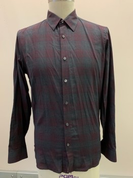 THEORY, Charcoal Gray, Red Burgundy, Cotton, Check , L/S, Button Front, Collar Attached