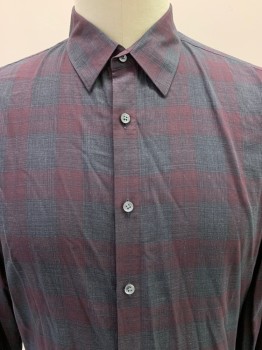 THEORY, Charcoal Gray, Red Burgundy, Cotton, Check , L/S, Button Front, Collar Attached