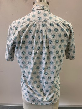 REYN SPOONER, Lt Gray, Sage Green, White, Cotton, Medallion Pattern, Circles, S/S, Button Front, Collar Attached, Chest Pocket