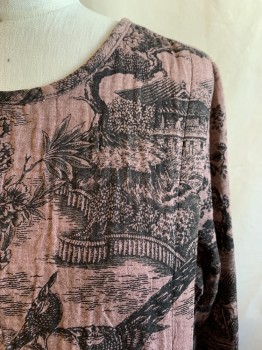 MORDENMISS, Mauve Pink, Black, Cotton, Novelty Pattern, Long Sleeves, Round Neck, 2 Pockets, S/E Asian Print with Man and Elephant
