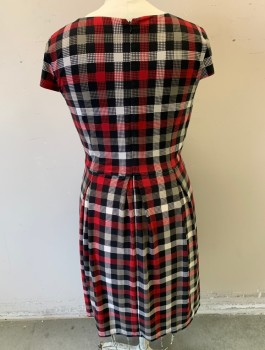 LIZ CLAIBORNE, Black, Red, Gray, Ecru, Polyester, Spandex, Check , Stretchy Material, Cap Sleeves, Round Neck,  A-Line, Box Pleats at Waist, Knee Length, Invisible Zipper in Back