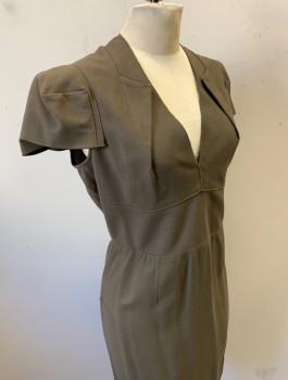 ROLAND MOURET, Dk Olive Grn, Viscose, Wool, Solid, Crepe, Cap Sleeves, V-neck, Esoteric Construction with Various Panels, Darts, and Flaps Throughout, 3" Wide Self Waistband, Fitted Through Hips, Knee Length, Exposed Zipper in Back, High End
